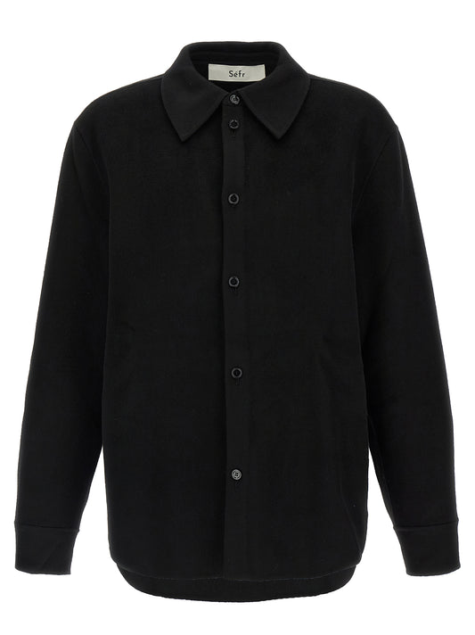 Shirt by SÉFR for men in cashmere virgin wool black showcases a sharp silhouette, elegantly detailed with a sharp and sharp .