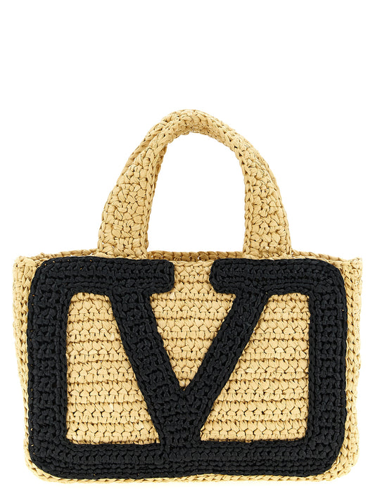 Small Shopper Tote Bag by Valentino Garavani for women in raffia polyester polyurethane python leather black & signature features a urban sophisticate Crochet Viva Superstar V Logo Raffia Polyester Polyurethane Python Leather Small Shopper Tote Bag design with a secure , ample , and versatile handle for a urban sophisticate finish.