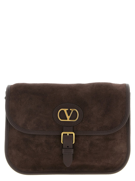 Valentino Garavani Antibes V Logo Suede Leather Crossbody Messenger Bag - Brown Signature