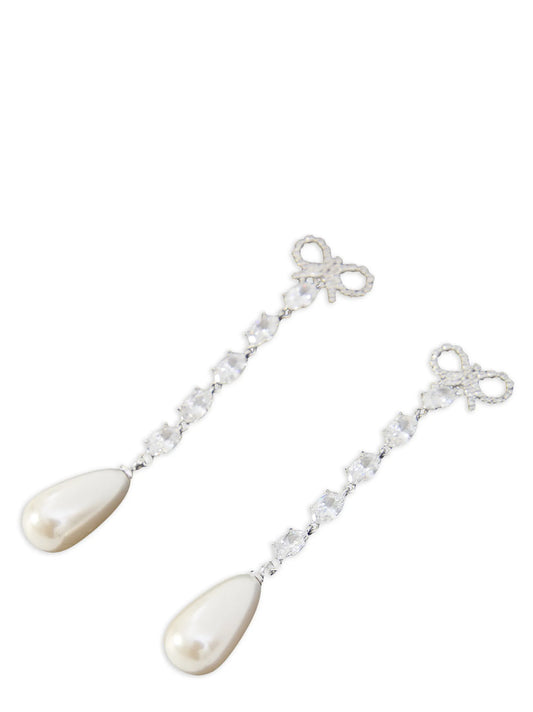 Earrings by Self-Portrait for women in cotton denim copper, pearl & silver presents a curated silhouette, artfully showcasing the curated and refined aesthetic of the Women's Silver Copper & Pearls Earrings.