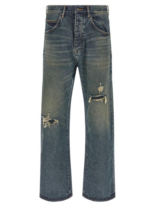 Jeans by PURPLE for men in denim cotton blue & purple presents a tailored silhouette, showcasing a tailored wide and long cut with a refined for a truly tailored aesthetic.