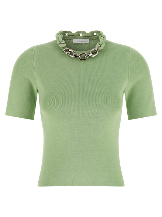 T-Shirt by Paco Rabanne for women in stretch cotton bicolour & green showcases a unassuming silhouette, artfully detailed with a refined crew neckline and unassuming for a sophisticated, contemporary look.
