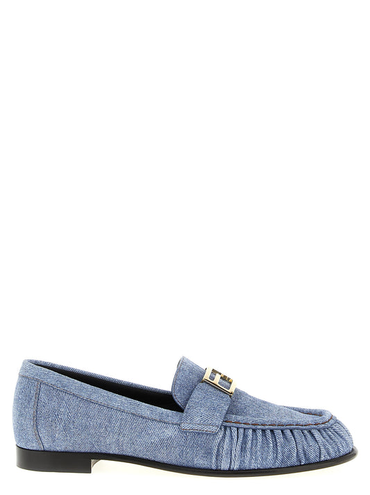 Flat Loafer Slip-On Shoes by Fendi for women in denim & calfskin leather light-blue features an dynamic silhouette from the Women's Denim & Calfskin Leather Flat Loafer Slip-On Shoes collection, defined by a dynamic and flat for a dynamic look.