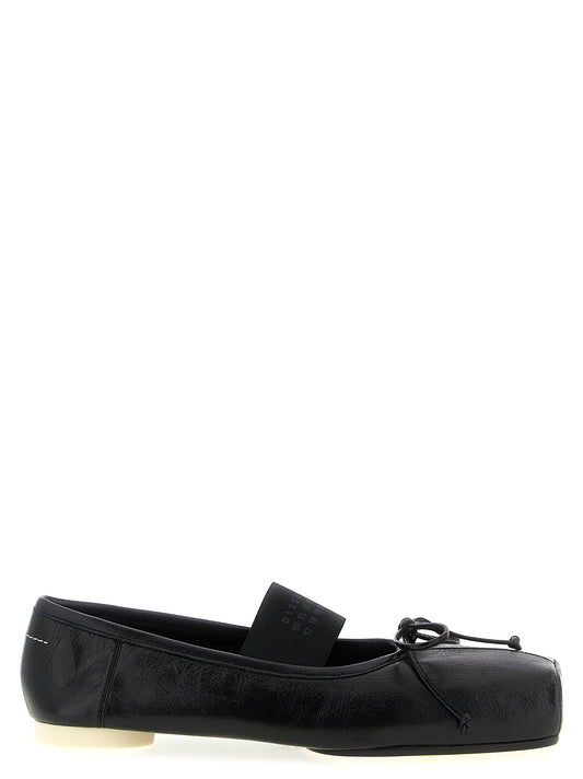Ballet Flat Shoes by MM6 Maison Margiela for women in calfskin leather black, white & signature presents a effortless chic silhouette, showcasing the Women's Calfskin Leather Ballet Flat Shoes design with a effortless chic and square toe style for a sophisticated look.