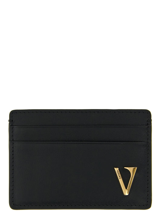 Cardholder Card Case by Versace for men in calfskin leather black features a sleek silhouette, showcasing the sleek design of the Calfskin Leather Cardholder Card Case with functional card-organization for a premium look.