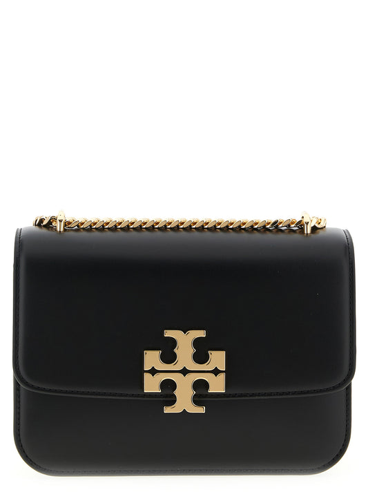 Tory Burch Eleanor Bos Taurus Suede Calfskin Leather 2-in-1 Shoulder & Crossbody Flap Handbag - Black Signature
