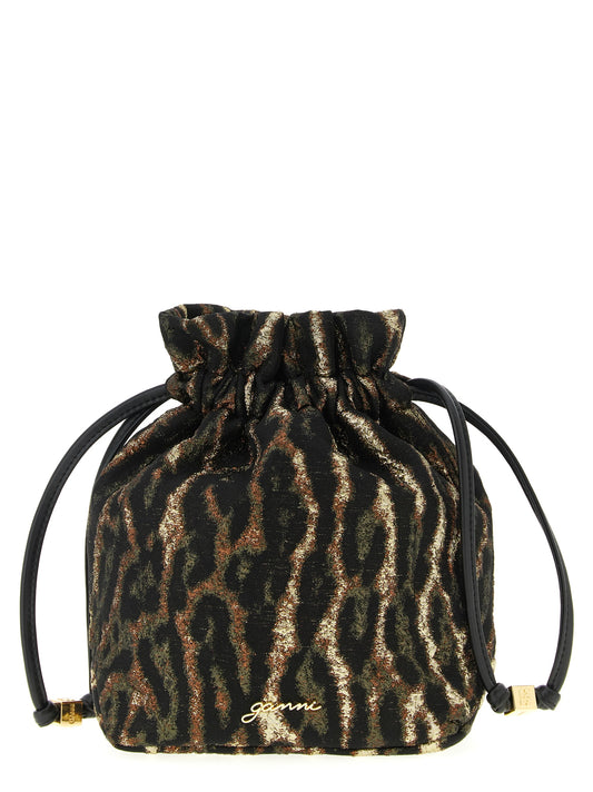 Crossbody Bucket Clutch Handbag by Ganni for women in nylon polyamide & polyurethane animal, brown, signature-print, jacquard & print showcases a sculptural silhouette, featuring a secure drawstring, ample , and versatile for a sculptural finish.