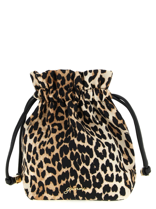 Drawstring Pouch Clutch Handbag by Ganni for women in nylon animal, brown & print showcases a sculptural silhouette, featuring a secure drawstring, ample , and versatile adjustable-strap for a sculptural finish.