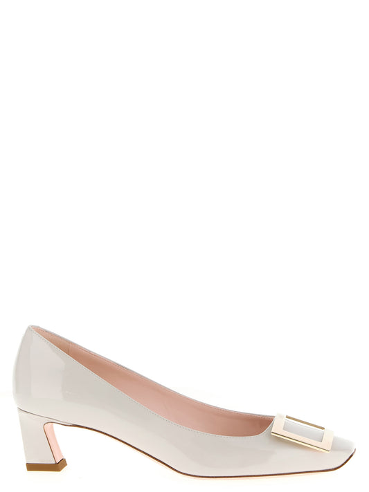Mid-Heel Pumps Heels by Roger Vivier for women in bos taurus patent calfskin leather white features an effortlessly chic silhouette from the Women's Bos Taurus Patent Calfskin Leather Mid-Heel Pumps Heels collection, showcasing a mid-heel and effortlessly chic square toe style for a effortlessly chic look.