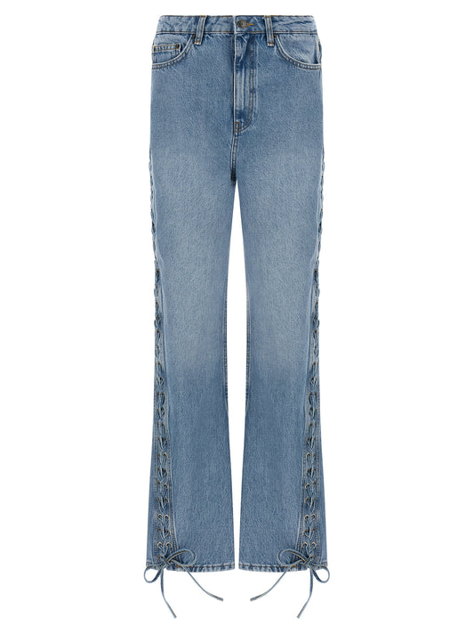 Jeans by ROTATE BIRGER CHRISTENSEN for women in organic denim cotton & leather light-blue features an sophisticated and straight-leg with a precise long, creating a sophisticated and sophisticated silhouette.