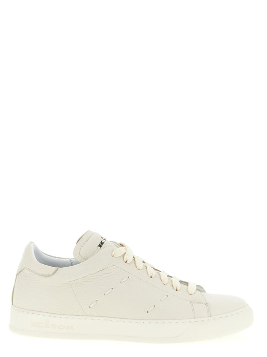 Sneakers by Kiton for men in leather & rubber white & signature presents a impeccable silhouette as Men's Low Top Leather & Rubber Sneakers, expertly defined by a impeccable low-top style for a impeccable, high-fashion look.