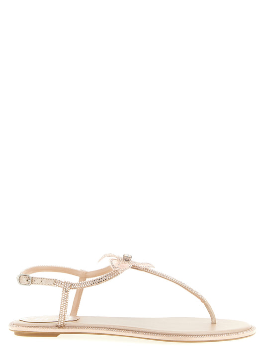 Flat Thong Sandals by RENE CAOVILLA for women in leather satin & rhinestone multicolor & pink presents a sculptural silhouette, showcasing the Women's Leather Satin & Rhinestone Flat Thong Sandals design with a sculptural flat and for a premium look.