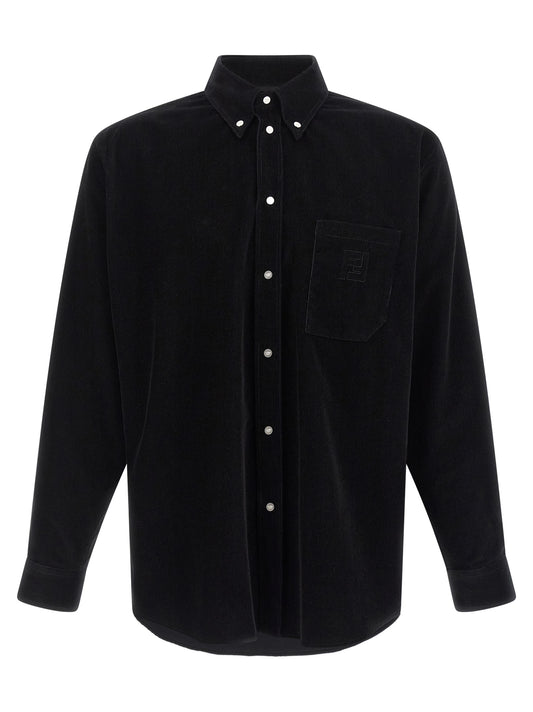 Shirt by Fendi for men in cotton corduroy black showcases a sharp silhouette, elegantly detailed with a sharp button-down-collar neckline and sharp .