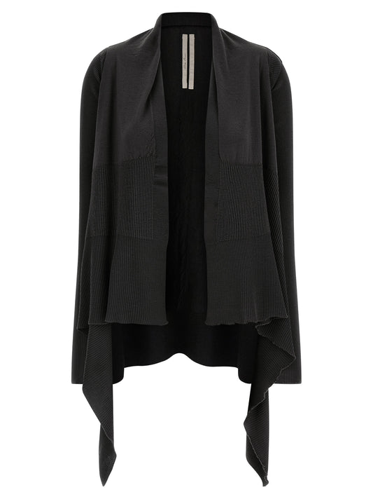 Cardigan by Rick Owens for women in wool black presents a textural silhouette, artfully finished with a textural wrap asymmetric neckline and long-sleeve for a sophisticated, textural look.