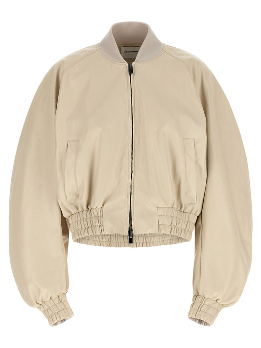 Bomber Jacket by The Andamane for women in polyester polyamide polyurethane leather & cotton beige features an contemporary silhouette, showcasing a sophisticated high-neck neckline and contemporary pockets for a truly refined look.