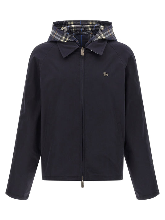 Hooded Overcoat by Burberry for men in cotton blue showcases a architectural silhouette, artfully detailed with a distinctive hooded shirt-collar neckline and functional hooded for a architectural finish.