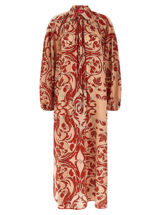 Dress by F.R.S. - FOR RESTLESS SLEEPERS for women in silk crepe satin multicolor, pink & print features an eye catching silhouette with a sophisticated , elegant , and a refined maxi long for a eye catching aesthetic.