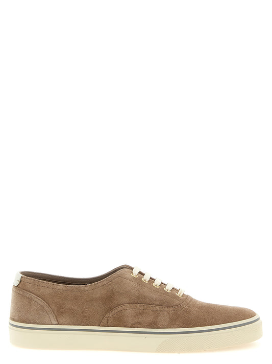 Sneakers by Brunello Cucinelli for men in calfskin leather beige features an fashionable silhouette, showcasing the premium Aren Men's Low Top Calfskin Leather Sneakers in a fashionable low-top style that offers a fashionable finish for refined style.