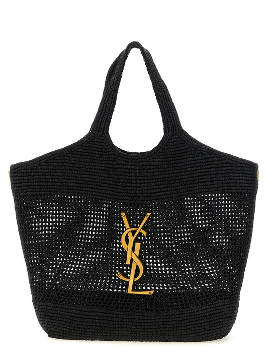 Shopper Tote Clutch Bag by Saint Laurent for women in raffia polyurethane leather black & natural features a urban sophisticate Cassandre Icare Raffia Polyurethane Leather Shopper Tote Clutch Bag design with a secure , ample , and versatile for a urban sophisticate finish.
