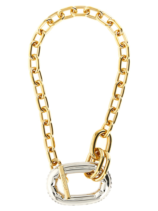 Necklace by Paco Rabanne for women in stretch denim cotton and multicolor showcases a radiant silhouette, artfully capturing the elegance of Women's Aluminium & Brass Necklace through its intricate chain pendant statement necklace design.