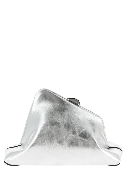 Small Clutch Handbag by The Attico for women in calfskin leather silver features a sculptural silhouette with a secure snap, organized , and versatile shoulder-strap & adjustable-strap for a sculptural finish.