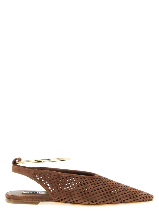 Ballet Flat Shoes by Jil Sander for women in capra suede leather brown showcases a dynamic silhouette, artfully capturing Women's Capra Suede Leather Ballet Flat Shoes through its distinctive and elegant pointed toe style.