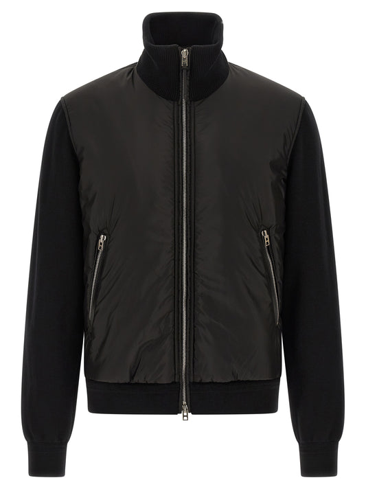Bomber Jacket by Tom Ford for men in nylon polyamide leather & merino wool black presents a effortlessly chic silhouette, showcasing a sophisticated high-neck neckline and premium pockets & insulated for a truly effortlessly chic finish.