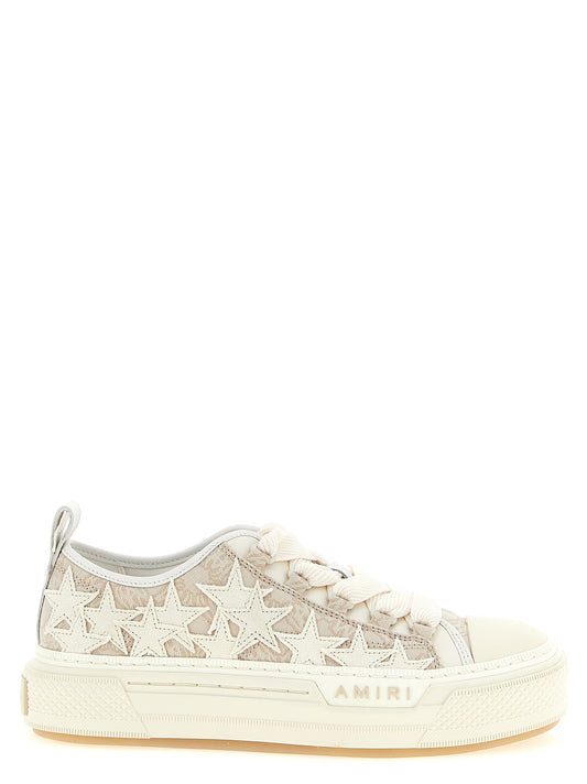 Sneakers by Amiri for women in leather polyester rubber & suede leather beige, jacquard & monogram presents a on trend silhouette from the Women's Low Top Leather Polyester Rubber & Suede Sneakers collection, showcasing a on trend low-top style for an elevated aesthetic.