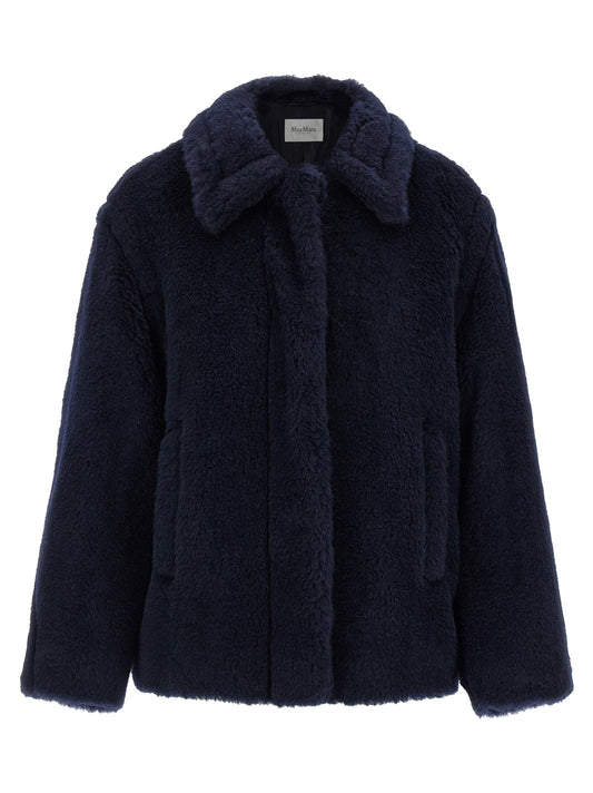 Overcoat by Max Mara for women in silk alpaca wool & leather blue, jacquard & monogram features an voluminous silhouette, showcasing distinct pockets and a voluminous shirt-collar neckline for a truly voluminous aesthetic.