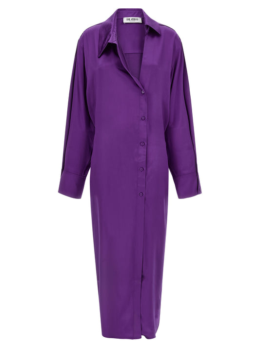 Dress by The Attico for women in rayon & viscose purple features an sultry silhouette defined by a split asymmetric neckline and long-sleeve, falling to an sultry midi for a sultry look.