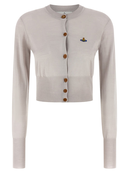 Cardigan by Vivienne Westwood for women in wool & silk gray features a dramatic silhouette, showcasing a sophisticated round neckline and dramatic detail for a timeless, premium look.