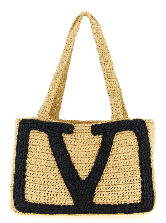 Medium Shopper Tote Bag by Valentino Garavani for women in raffia polyester polyurethane python leather beige & signature features an metropolitan chic Crochet Viva Superstar V Logo Raffia Polyester Polyurethane Python Leather Medium Shopper Tote Bag design with a secure , metropolitan chic , and versatile handle for a metropolitan chic look.