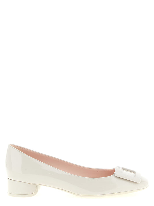 Mid-Heel Pumps Heels by Roger Vivier for women in patent calfskin leather gray & signature features an captivating silhouette, showcasing the elegant Women's Patent Calfskin Leather Mid-Heel Pumps Heels design with a mid-heel and a sophisticated square toe style.