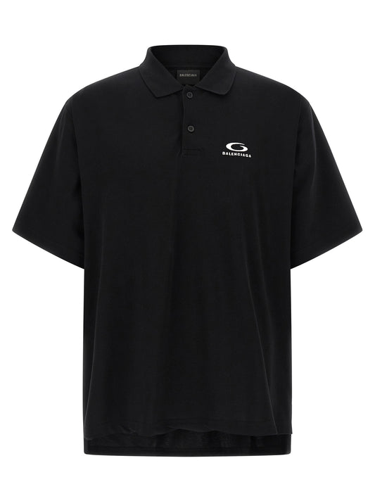 Polo Shirt by Balenciaga for men in cotton black presents a distinguished silhouette, showcasing a sophisticated and distinguished short-sleeve for a truly distinguished finish.