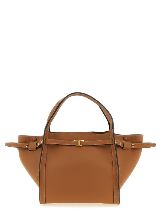 Small Shopper Tote Bag by Tod's for women in calfskin leather brown features a distinguished T Timeless Tim Calfskin Leather Small Shopper Tote Bag design, complete with a secure snap, buckle & hook, ample , and versatile shoulder-strap, adjustable-strap, belt-strap & handle for a distinguished look.