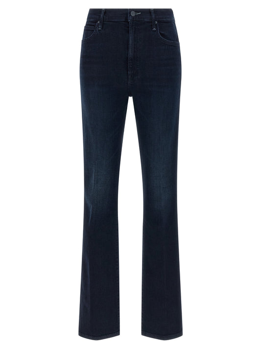 Jeans by Mother Denim for women in stretch denim cotton polyester blue features a polished silhouette with a polished flared, reaching a polished long and finished with a polished mid rise.