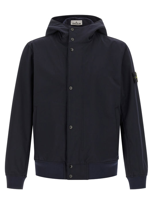 Stone Island Men's Stretch Polyester Canvas Hooded Windbreaker Jacket - Blue