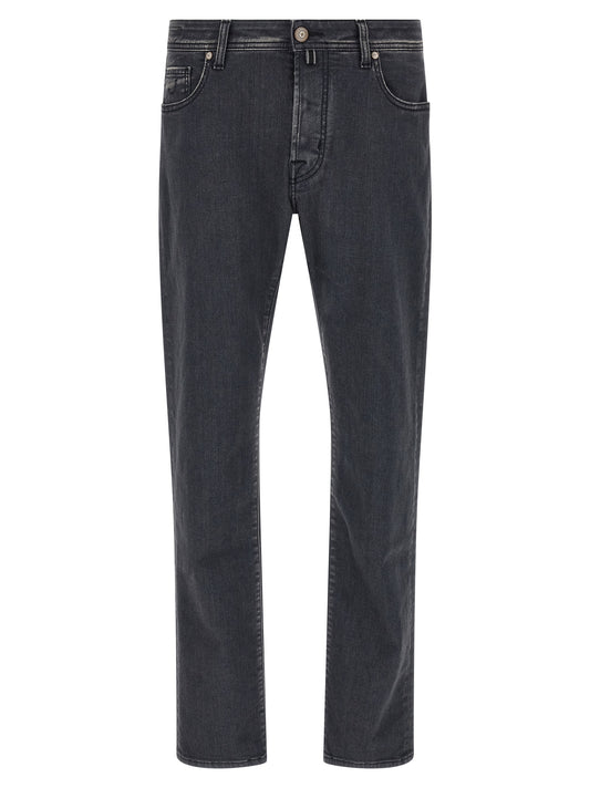 Jeans by Jacob Cohen for men in stretch denim cotton gray features a polished silhouette with a polished straight-leg, reaching a polished long and finished with a polished mid rise.
