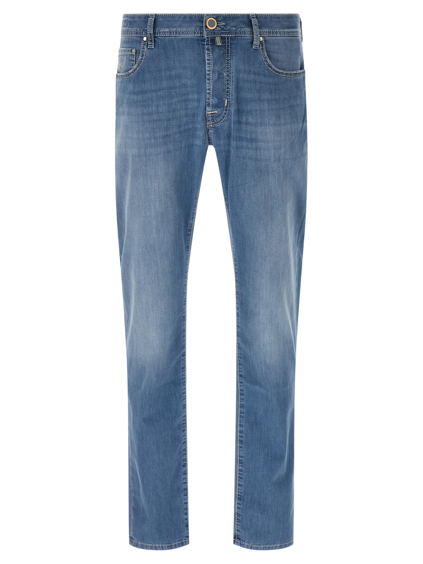 Jeans by Jacob Cohen for men in stretch denim cotton light-blue & signature presents a tailored silhouette, showcasing a tailored straight-leg and long cut with a refined mid rise for a truly tailored aesthetic.