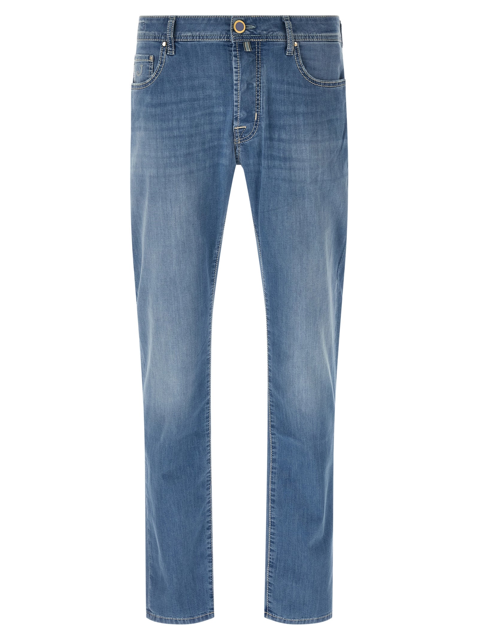 Jeans by Jacob Cohen for men in stretch denim cotton light-blue & signature presents a tailored silhouette, showcasing a tailored straight-leg and long cut with a refined mid rise for a truly tailored aesthetic.