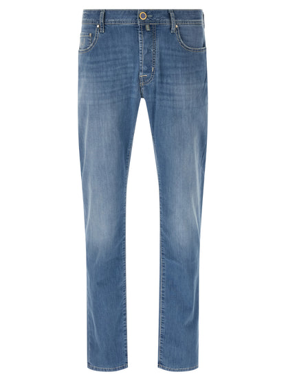 Jeans by Jacob Cohen for men in stretch denim cotton light-blue & signature presents a tailored silhouette, showcasing a tailored straight-leg and long cut with a refined mid rise for a truly tailored aesthetic.