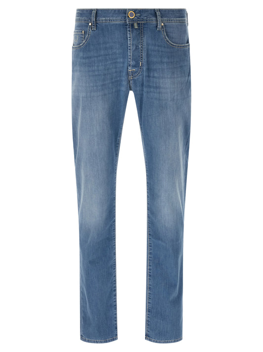 Jeans by Jacob Cohen for men in stretch denim cotton light-blue & signature presents a tailored silhouette, showcasing a tailored straight-leg and long cut with a refined mid rise for a truly tailored aesthetic.