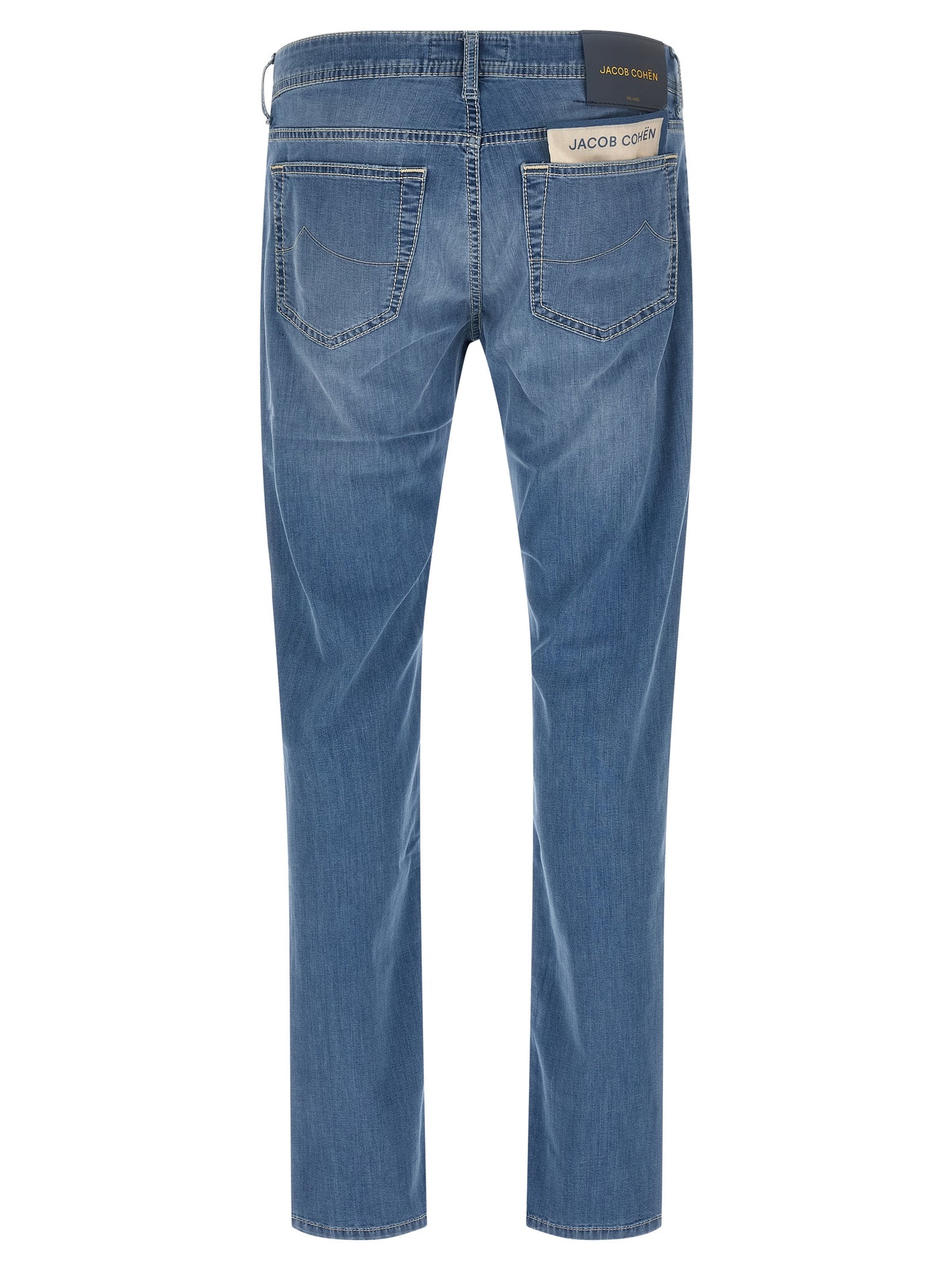 Jeans by Jacob Cohen for men in stretch denim cotton light-blue & signature features an refined tailoring silhouette, showcasing a premium straight-leg with a mid rise and long cut for a refined tailoring look.