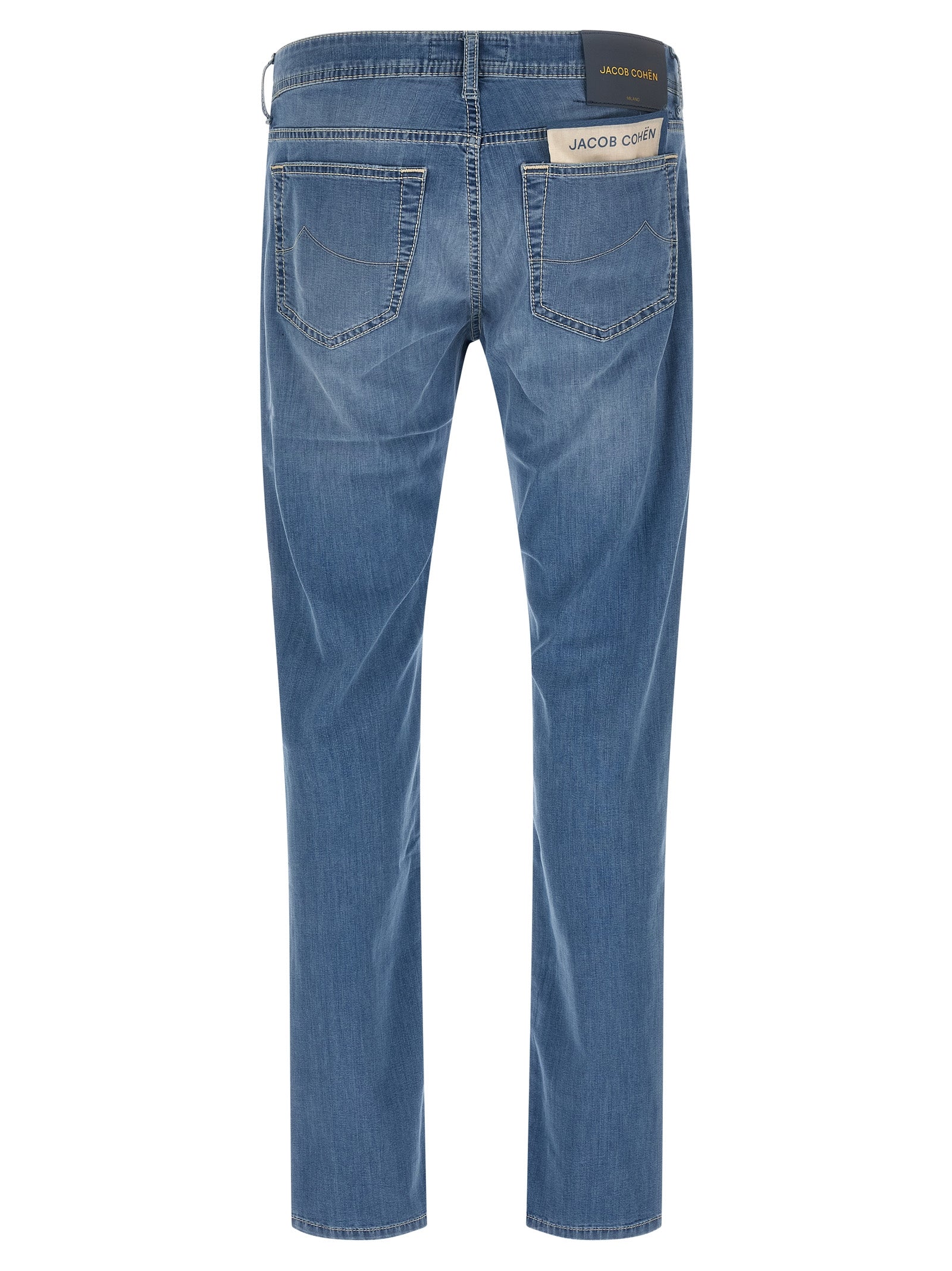 Jeans by Jacob Cohen for men in stretch denim cotton light-blue & signature features an refined tailoring silhouette, showcasing a premium straight-leg with a mid rise and long cut for a refined tailoring look.