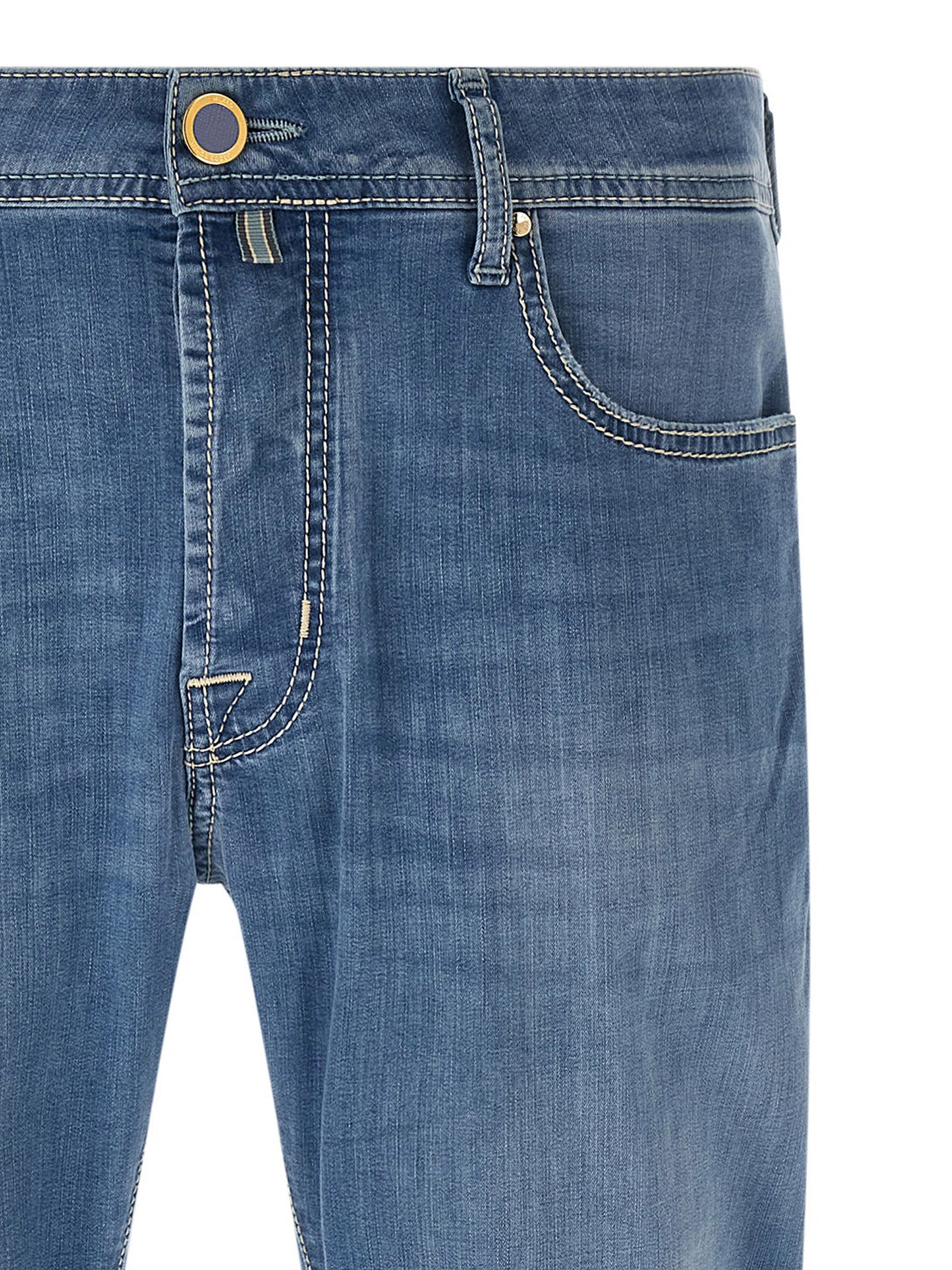 Jeans by Jacob Cohen for men in stretch denim cotton light-blue & signature features an sartorial straight-leg and long with a mid rise cut for a sartorial finish.