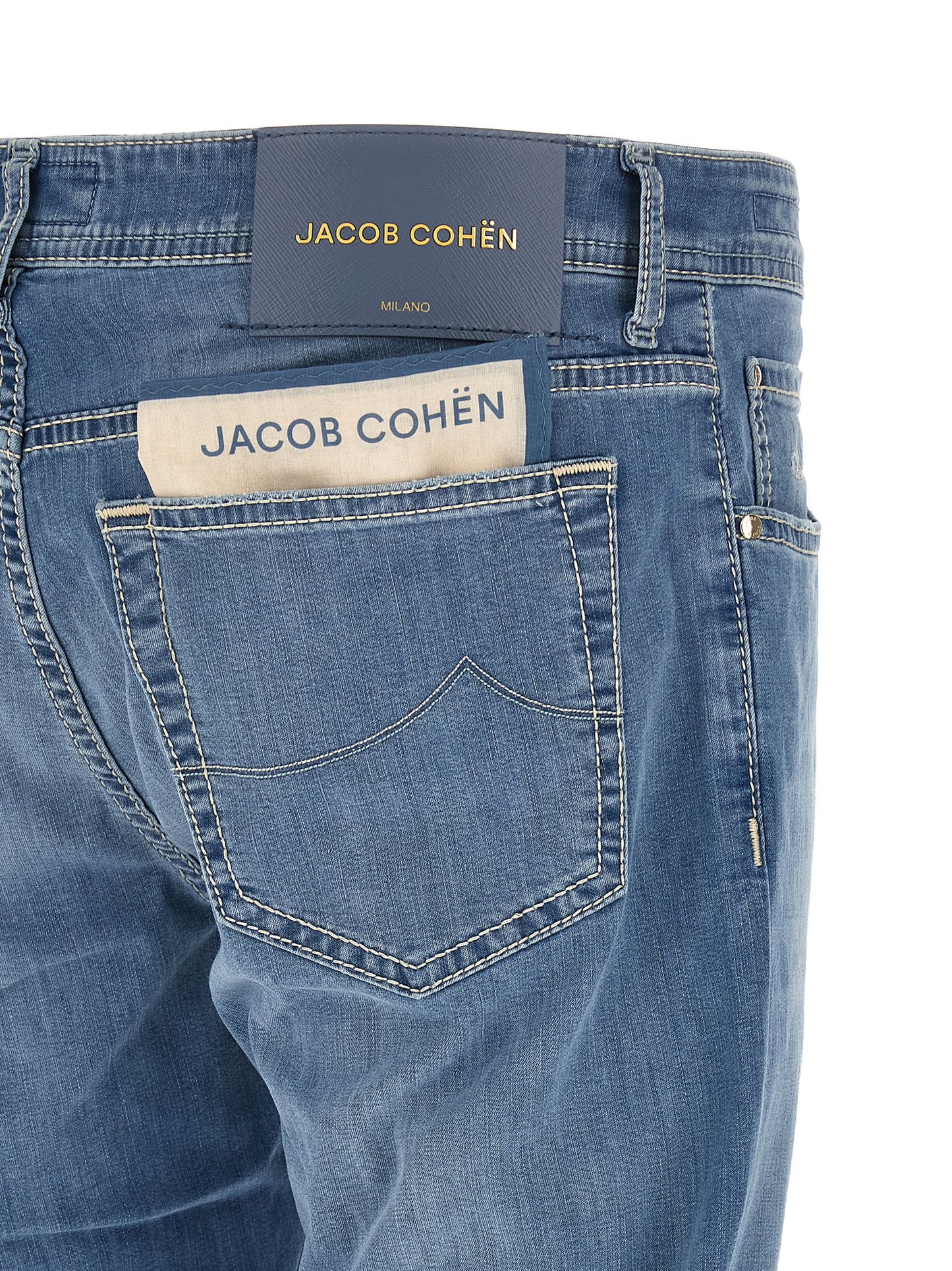 Jeans by Jacob Cohen for men in stretch denim cotton light-blue & signature features an refined tailoring silhouette, showcasing a premium straight-leg with a mid rise and long cut for a refined tailoring look.