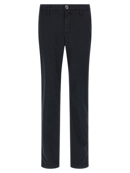 Chinos Pants by Jacob Cohen for men in stretch cotton & lyocell blue & signature presents a sartorial luxe silhouette, showcasing a sophisticated straight-leg with a long and low rise for a premium, sartorial luxe finish.
