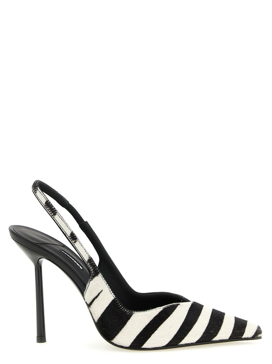 High-Heel Stiletto Slingback Pumps Heels by LE SILLA for women in calfskin leather bicolour, black, white, zebra & print showcases a exquisite silhouette, perfectly accentuating Women's Calfskin Leather High-Heel Stiletto Slingback Pumps Heels with a exquisite stiletto high-heel and exquisite pointed toe style.