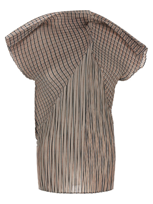 Blouse by Issey Miyake for women in polyester brown, transparent, signature & striped showcases a sublime silhouette, artfully detailed with a sublime high-neck neckline and short-sleeve for a sophisticated, sublime finish.
