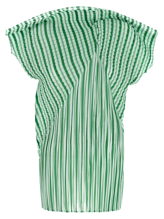 Shirt by Issey Miyake for women in polyester bicolour, green, transparent, patterned & striped presents a discerning silhouette, showcasing a sophisticated high-neck neckline and short-sleeve for a truly discerning finish.